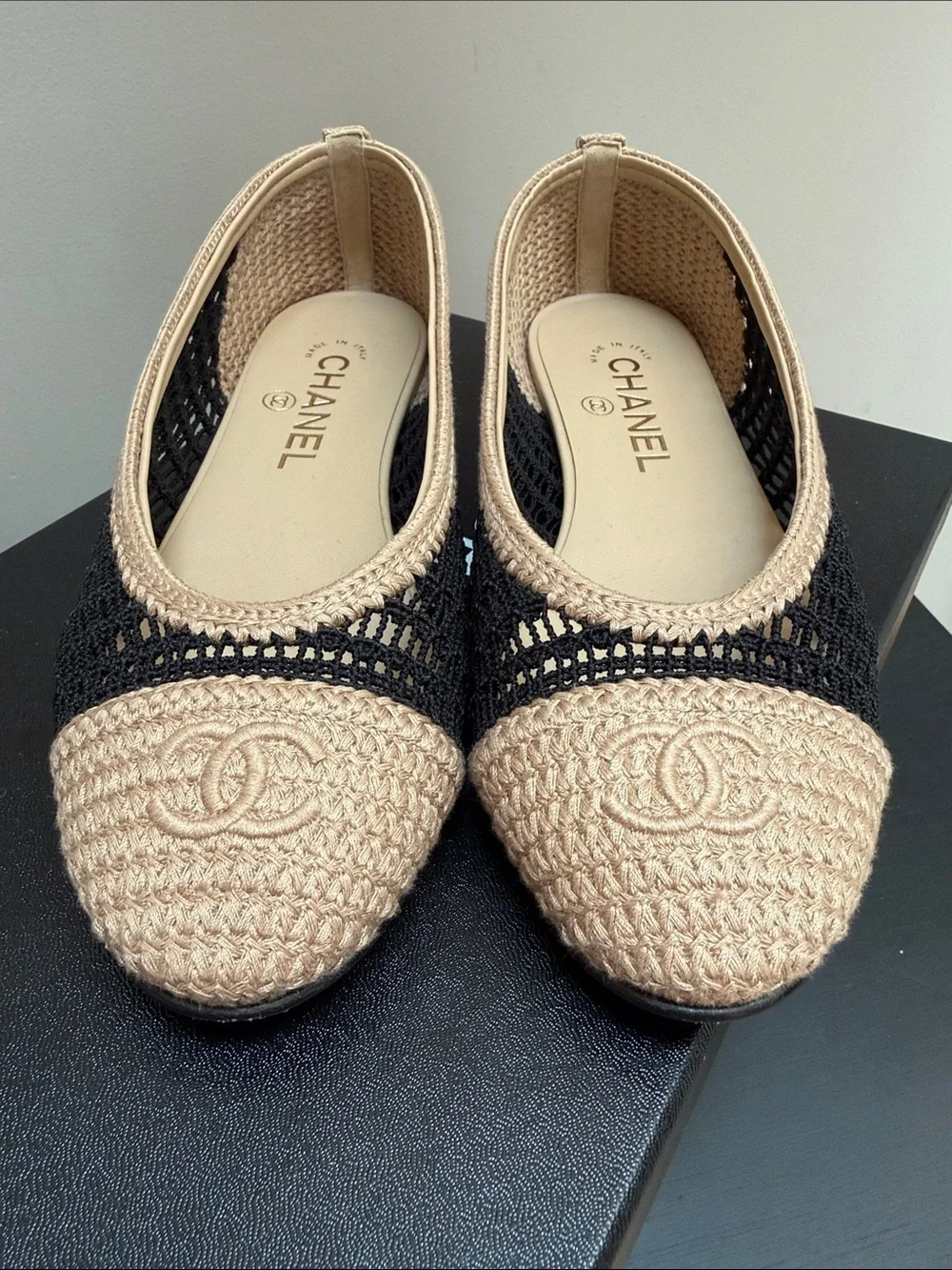 CHANEL Beige and Black Woven Ballet Flats